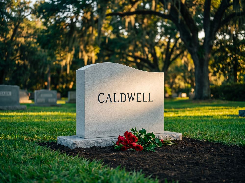 Light gray granite upright headstone with serpentine top and red roses