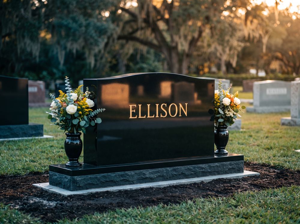 Wide black double companion monument with gold leaf lettering and twin vases