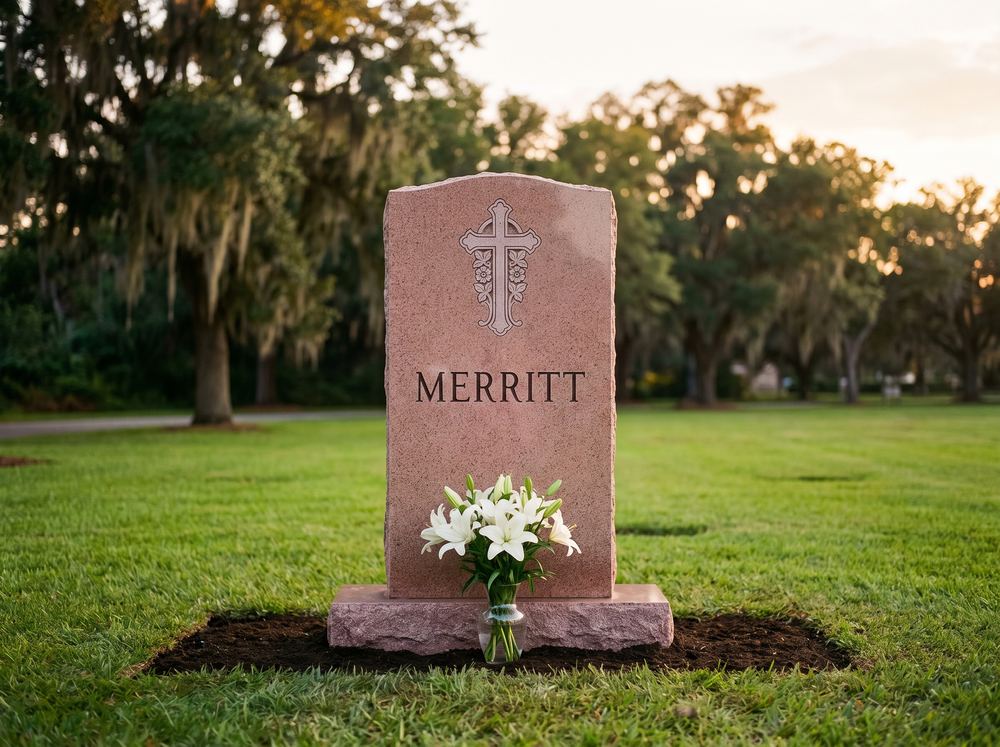 Rose pink granite headstone with ornate carved cross and white lilies