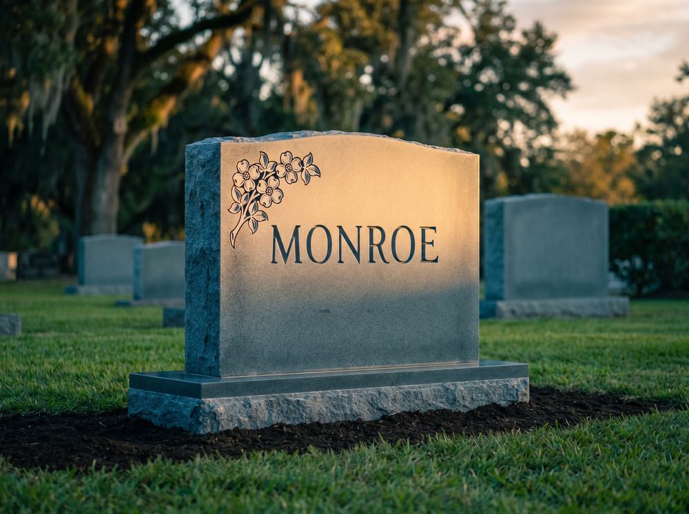 Slate-blue granite upright headstone with a carved dogwood branch