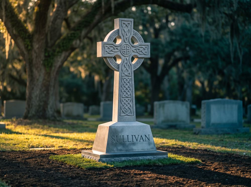 Tall granite Celtic cross monument with intricate knotwork