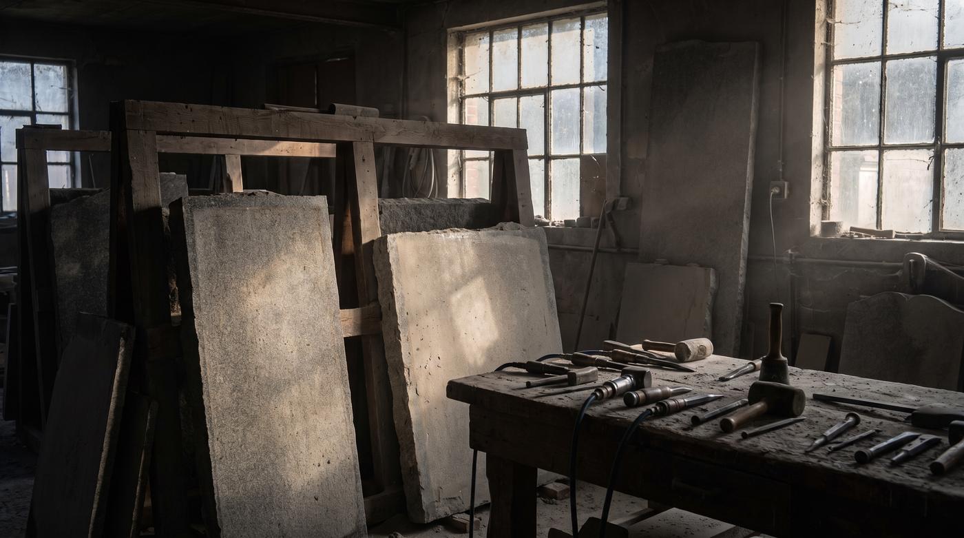 Monument workshop with granite slabs and carving tools in window light